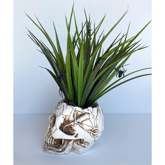 Skull Halloween Decor Plant with Spiders - Skeleton Planter with Faux Plant - Picture 4 of 7